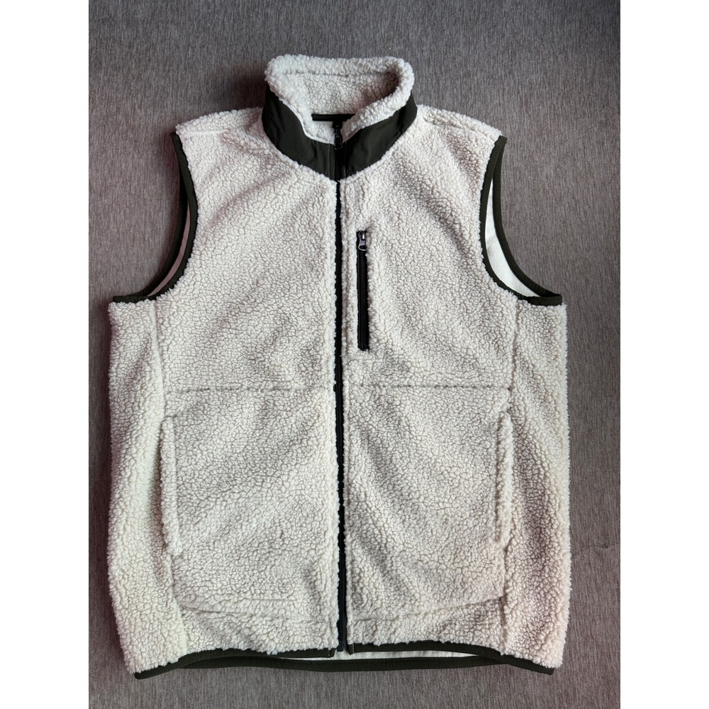 Muji Mens Sherpa Fleece Full Zip Vest Cream Olive Green Size M AB1MXA4A